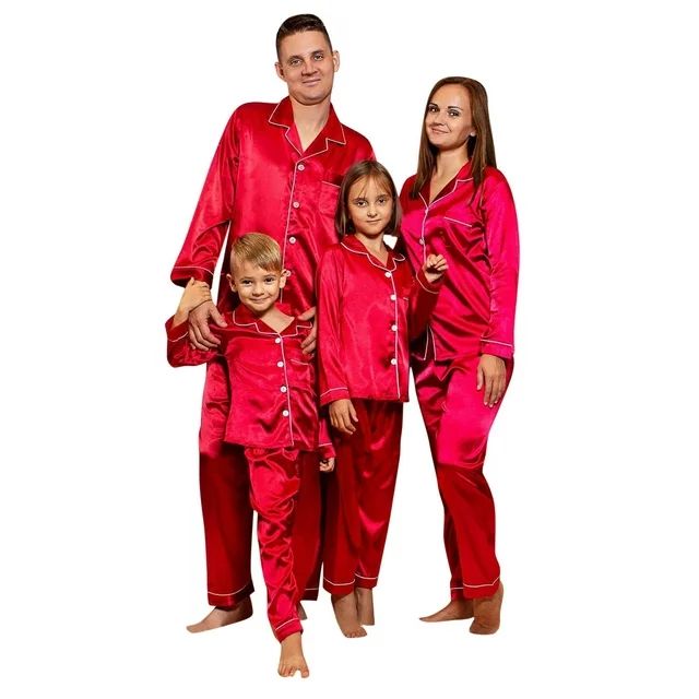 Matching Family Christmas Pajamas Satin Silk Solid Red Sleepwear Button Lapel Pocket 2-Piece Shir... | Walmart (US)