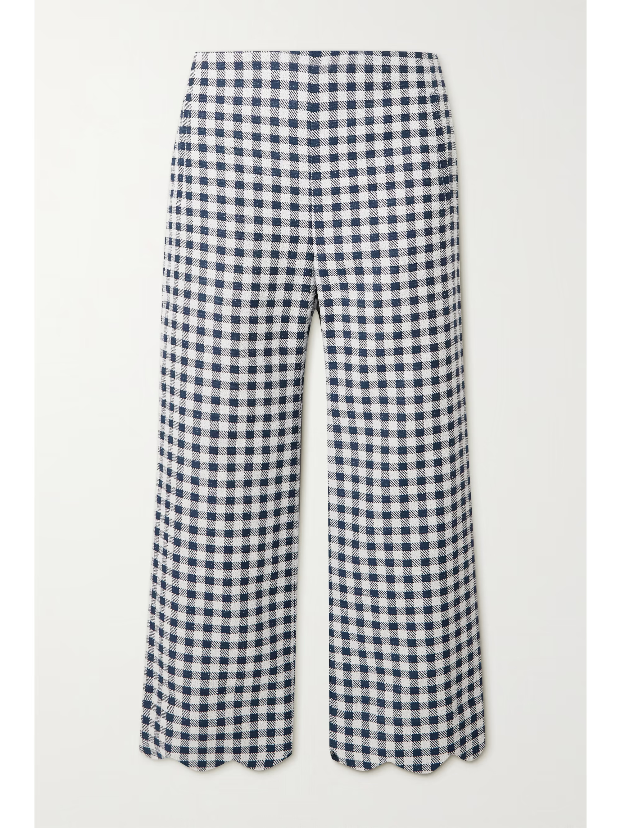 Navy + NET SUSTAIN cropped scalloped gingham cotton-blend bouclé wide-leg pants | LISA MARIE FER... | NET-A-PORTER (US)