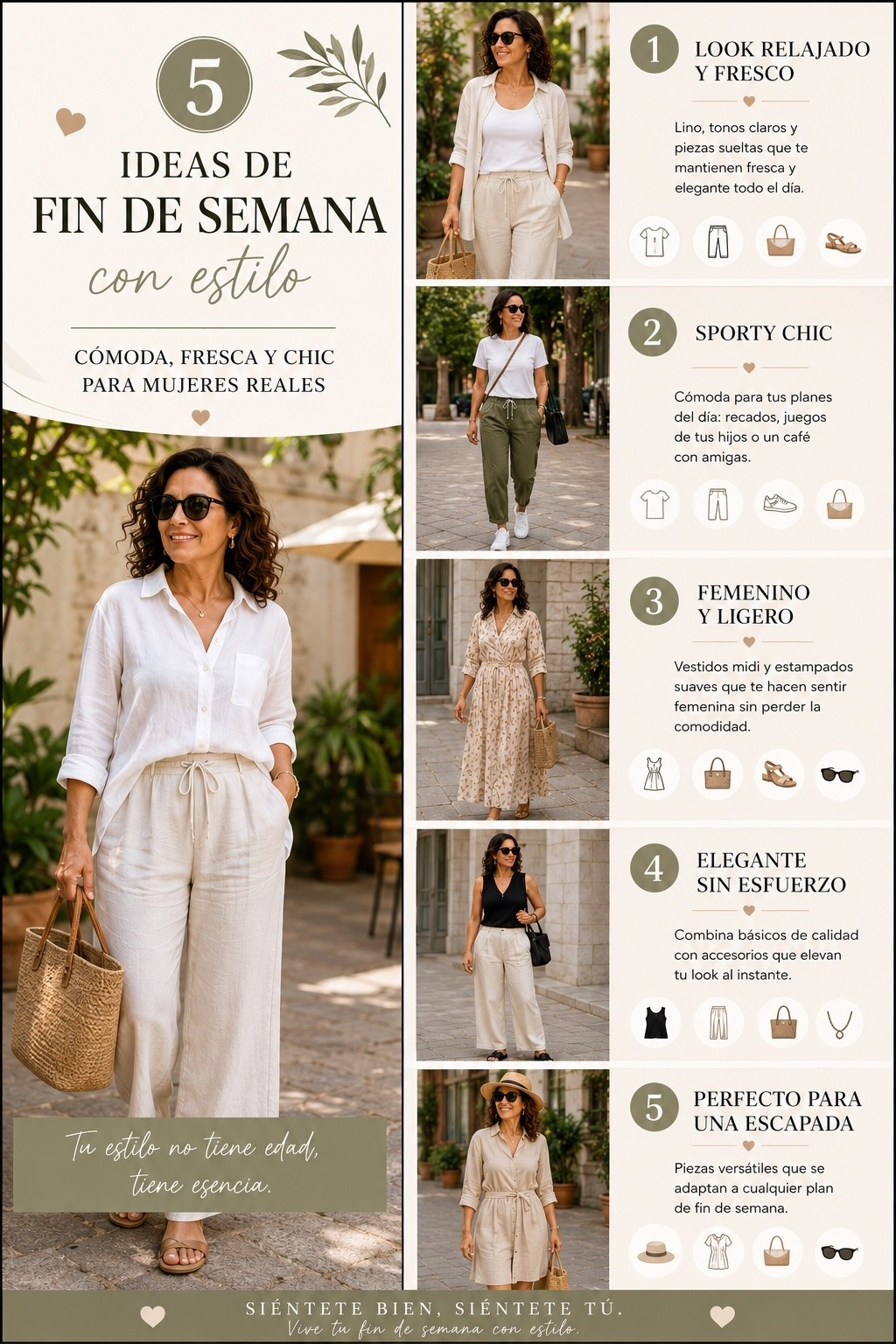 ✨ 5 ideas de fin de semana con estilo
para mujeres reales que quieren sentirse cómodas, frescas y elegantes 🤍

La elegancia no se trata de usar ropa complicada.
Se trata de elegir piezas que te hagan sentir bien contigo misma.

Estos looks son perfectos para:
☀️ Spring & summer
☕ Brunch o café con amigas
⚽ Juegos de soccer de tus hijos
🛍️ Recados con estilo
🌿 Escapadas de fin de semana

Porque sí… puedes verte chic sin sacrificar comodidad.

Guarda este pin para inspirarte cuando no sepas qué ponerte ✨

¿Cuál look usarías primero? 👇

#WeekendStyle #CasualElegante #ModaParaMujeresReales #FashionOver40 #WomenOver40Style #OldMoneyStyle #CurvyStyle #SummerOutfits #SpringSummerStyle #MujeresConEstilo #ModaFemenina

#LTKootd #LTKSeasonal