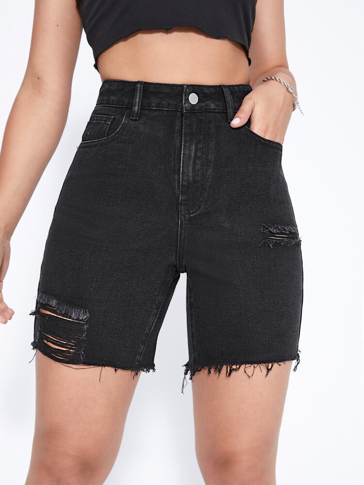 High Waist Ripped Raw Hem Denim Shorts | SHEIN