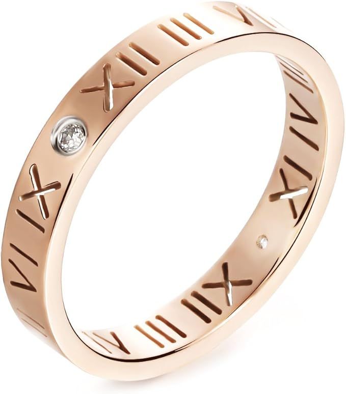 JSEA Womens Stainless Steel Cz Roman Numeral Rings Bands Openwork Rose Gold | Amazon (US)