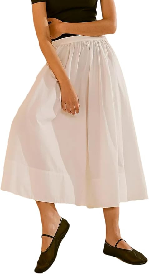 Zontroldy Women's Fashion Midi Skirt Elastic Waist Pleated Casual Cotton Long Skirts with Pockets | Amazon (US)