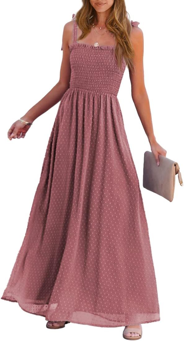 PRETTYGARDEN Women's Casual Summer Boho Maxi Dresses 2023 Tie Straps Square Neck Solid Swiss Dot Smo | Amazon (US)