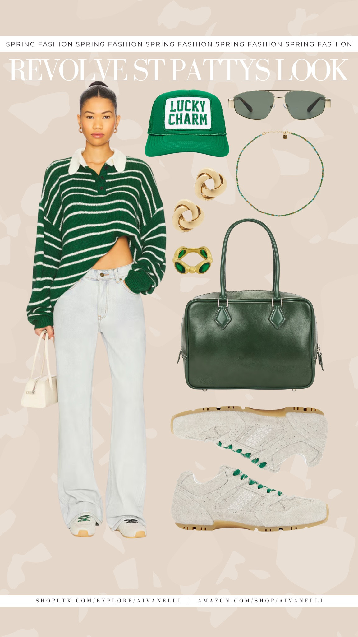 Revolve st Patrick’s day casual look

Green graphic tee and denim
Oversized sweatshirt and leggings
Striped green sweater and jeans
Shamrock tee and biker shorts
Emerald cardigan and white tank
Casual green tank and cutoff shorts
Lucky crewneck and joggers
Olive button down and denim
Green bodysuit and wide leg pants
Sporty green set and sneakers

#LTKSeasonal #LTKootd #LTKSaleAlert