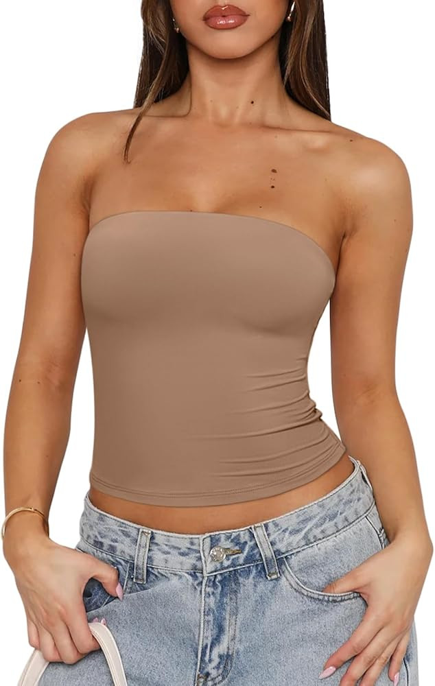 REORIA Women's Strapless Tube Top Double Lined & Non-Slip Y2K Backless Crop Tops for Summer Going... | Amazon (US)