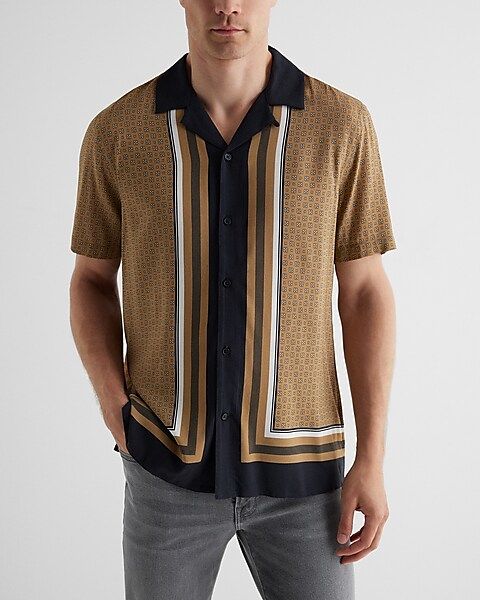 Striped Frame Geo Rayon Short Sleeve Shirt | Express
