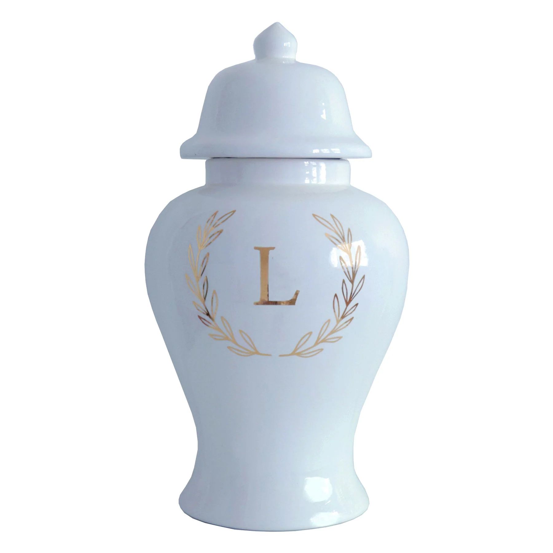 Single Letter Laurel Wreath Monogram Ginger Jars in Hydrangea Light Bl | Ruby Clay Company