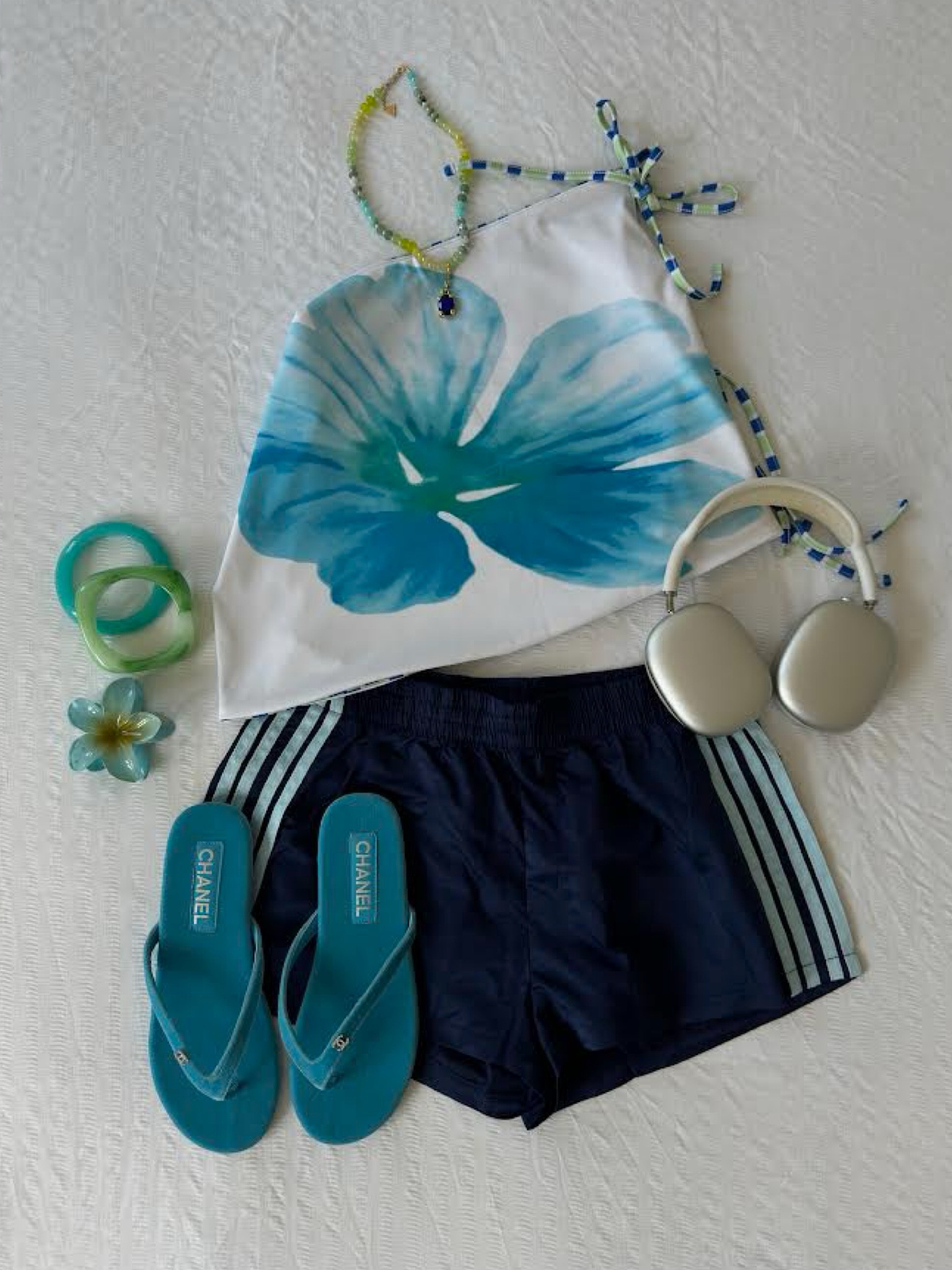 Summer Outfit, Y2K Outfit, Blue Hibiscus Bandeau, Bandeau, Training Shorts, Blue Flip Flops, Acrylic Bracelets, Summer Vibes

#LTKstyletip #LTKeurope #LTKsummer