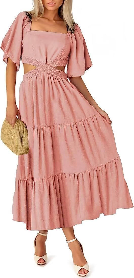 Acelitt Women's Casual Backless Short Sleeve Square Neck Tiered Ruffle Cut Out Dresses, S-XL | Amazon (US)