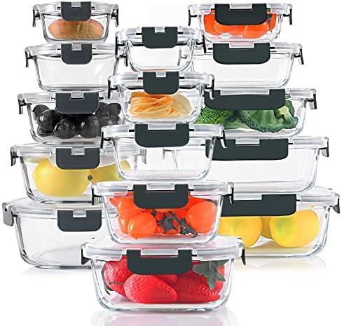 30 Pieces Glass Food Storage Containers Set, Glass Meal Prep Containers Set with Snap Locking Lids,  | Amazon (US)