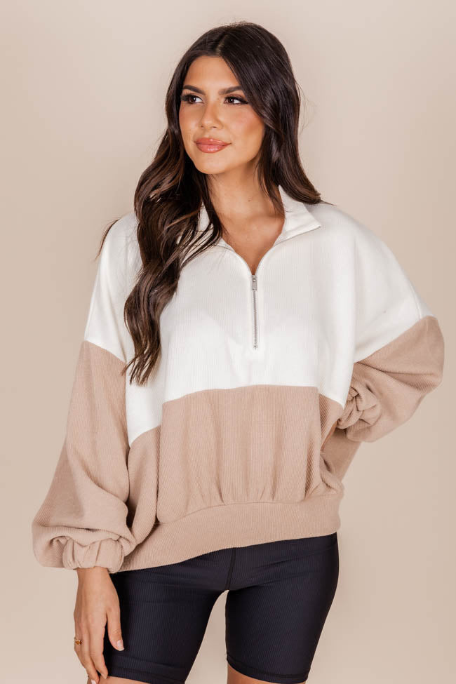 Love Me Or Not Beige And Cream Colorblock Quarter Zip Pullover | Pink Lily