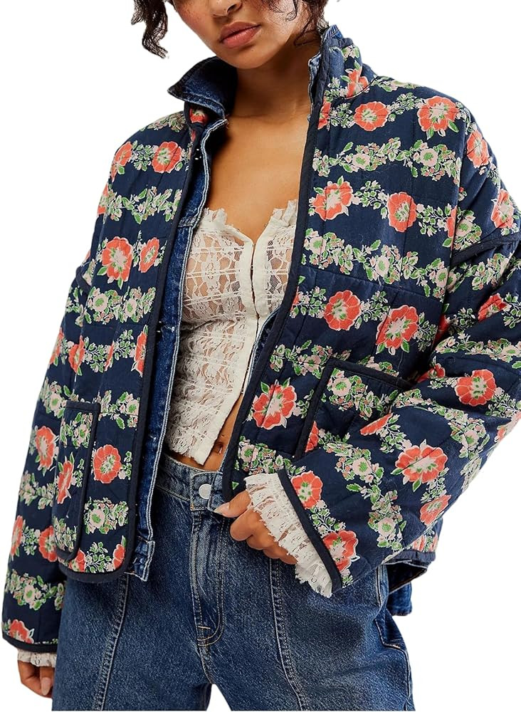 Womens Cropped Floral Puffer Jacket Lightweight Open Front Long Sleeve Padded Quilted Coat with P... | Amazon (US)