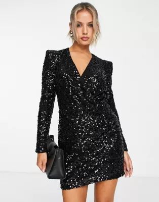 French Connection mini dress with shoulder pads in black sequin | ASOS (Global)