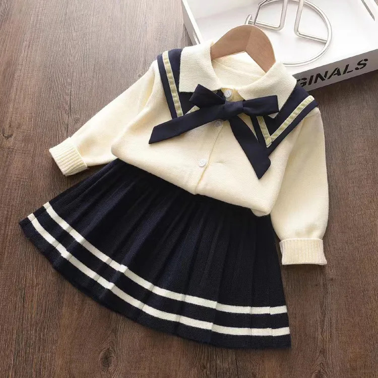 3pcs Toddler Girl Preppy style Bowknot Design Knitwear Sailor Shawl and Pleated Skirt Set | PatPat