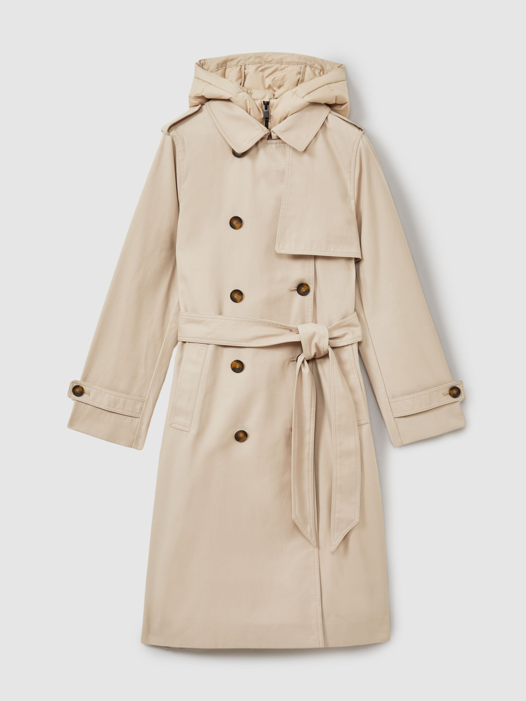Hooded Insert Trench Coat in Stone | Reiss UK