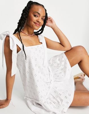 ASOS DESIGN broderie tie strap pep hem mini dress in white | ASOS | ASOS (Global)
