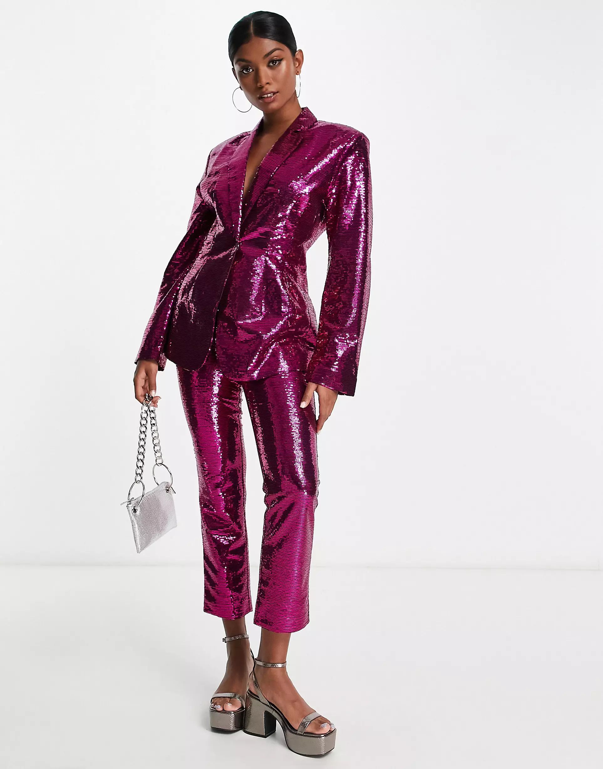 ASOS DESIGN sequin slim straight suit pants in pink | ASOS (Global)