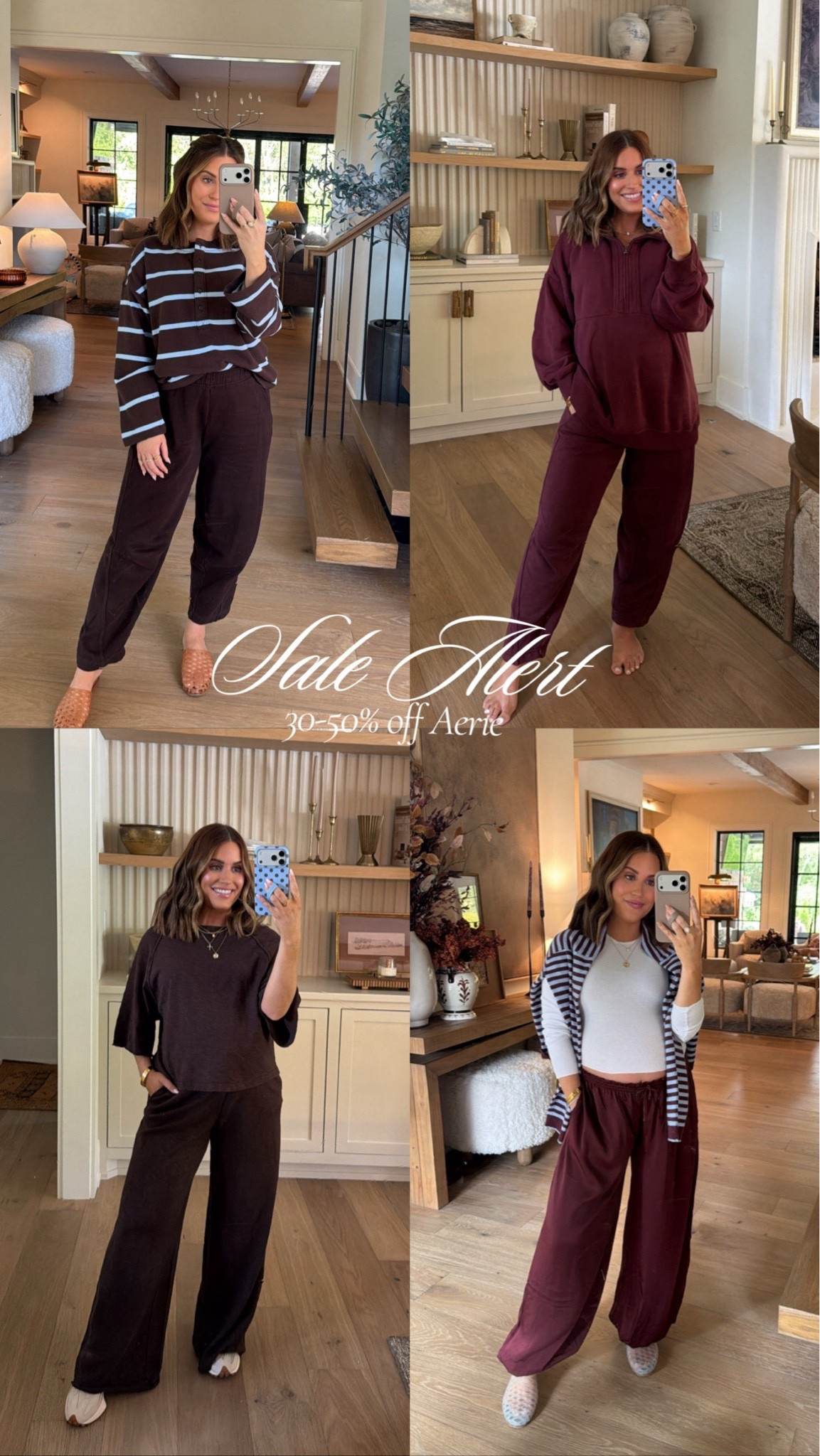 Recent Aerie looks, all 30-50% off through this weekend!! I’m wearing size xs in all styles- have loved all of these through pregnancy & postpartum. Easy, comfy outfits to throw on when running errands, school drop off, lounging, etc. #LTKsalealert #AerieSale