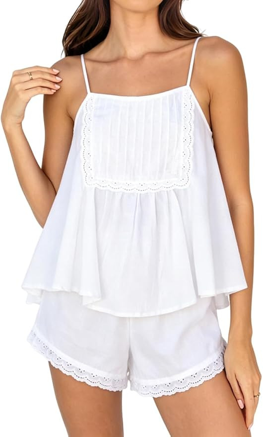 Womens Summer 2 Piece Short Sets Sleeveless Ruffle Trim Top and Shorts Cotton Pajamas Set | Amazon (US)