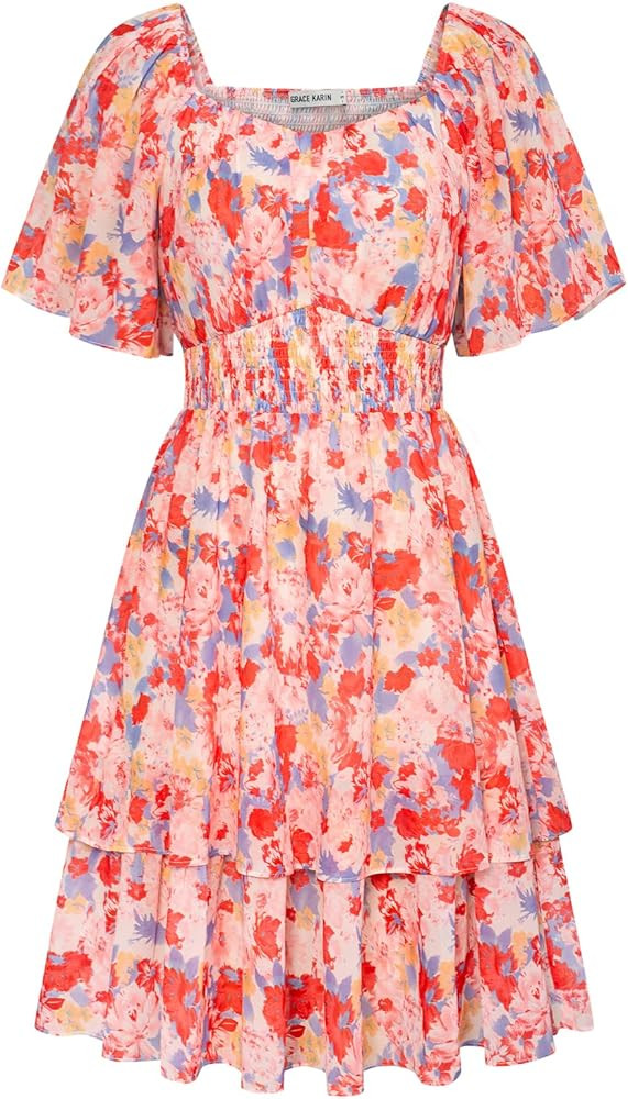 GRACE KARIN Women Summer Ruffle Short Sleeve Square Neck Flowy Tiered Smocked Swing A Line Boho F... | Amazon (US)