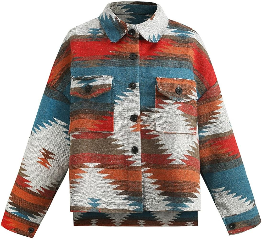 COWOKA Women's Vintage Aztec Print Pattern Loose Shacket Button Down Long Sleeve Woolen Jacket Sh... | Amazon (US)