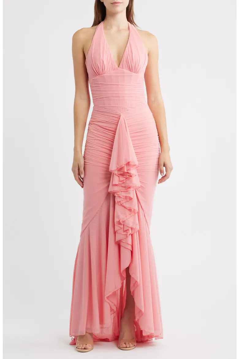 Carmine Mesh Halter Neck Waterfall Gown (Women) | Nordstrom | Nordstrom