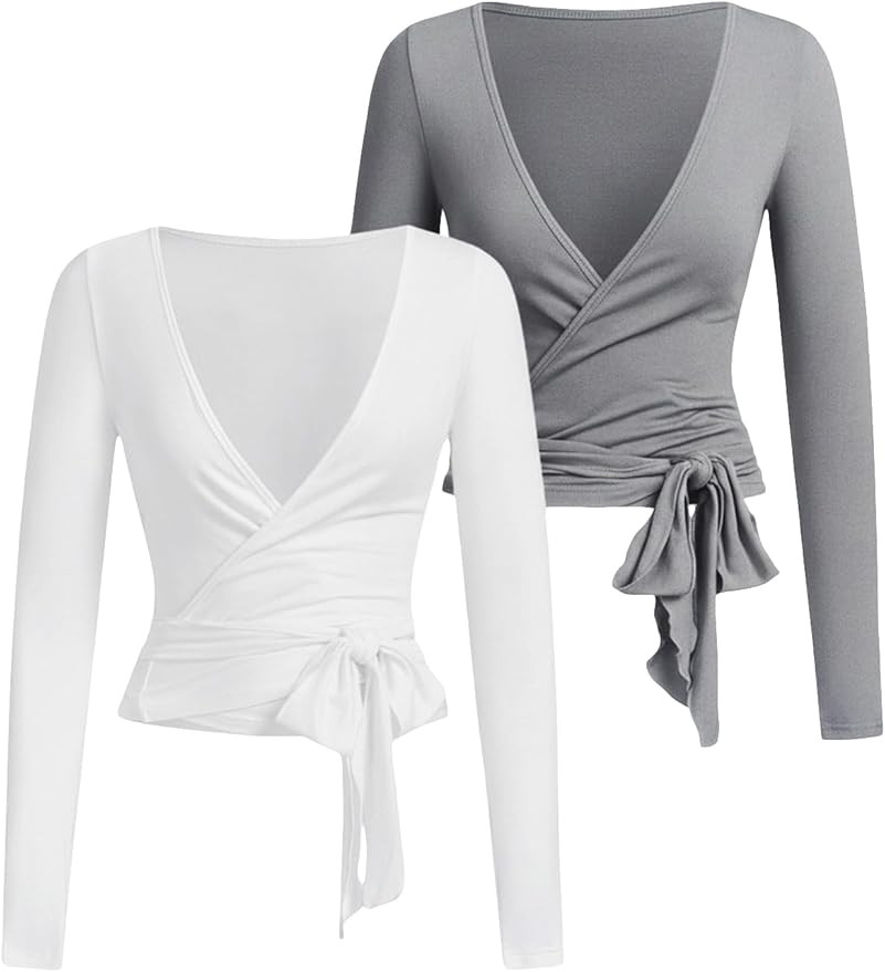 SweatyRocks Women's Pilates Outfits Wrap Tops Ballet Yoga Coquette Shirt Cute Long Sleeve Workout... | Amazon (US)