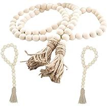 Wood Bead Garland Set,3 pcs Farmhouse Rustic Country Beads with Tassles Wall Hanging Décor | Amazon (US)