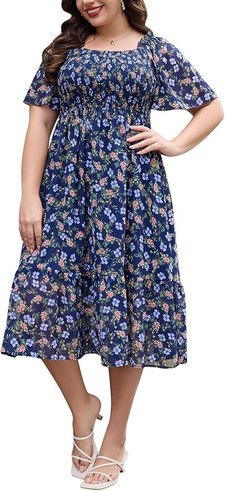 Keluummi Plus Size Wedding Guest Midi Dresses for Curvy Women, Summer Casual Boho Floral Smocked ... | Amazon (US)