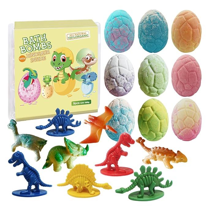 Dino Egg Bath Bomb Gift Set with Dinosaur Inside, 9 Pack Organic Bath Bombs with Surprise Inside,... | Amazon (US)
