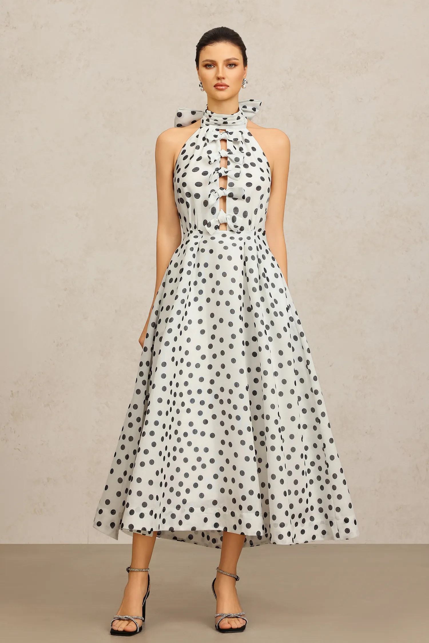 Sliya leeveless Bowknot Dot Printed Hollow Out Maxi Dress | Bellabarnett Affiliate Marketing