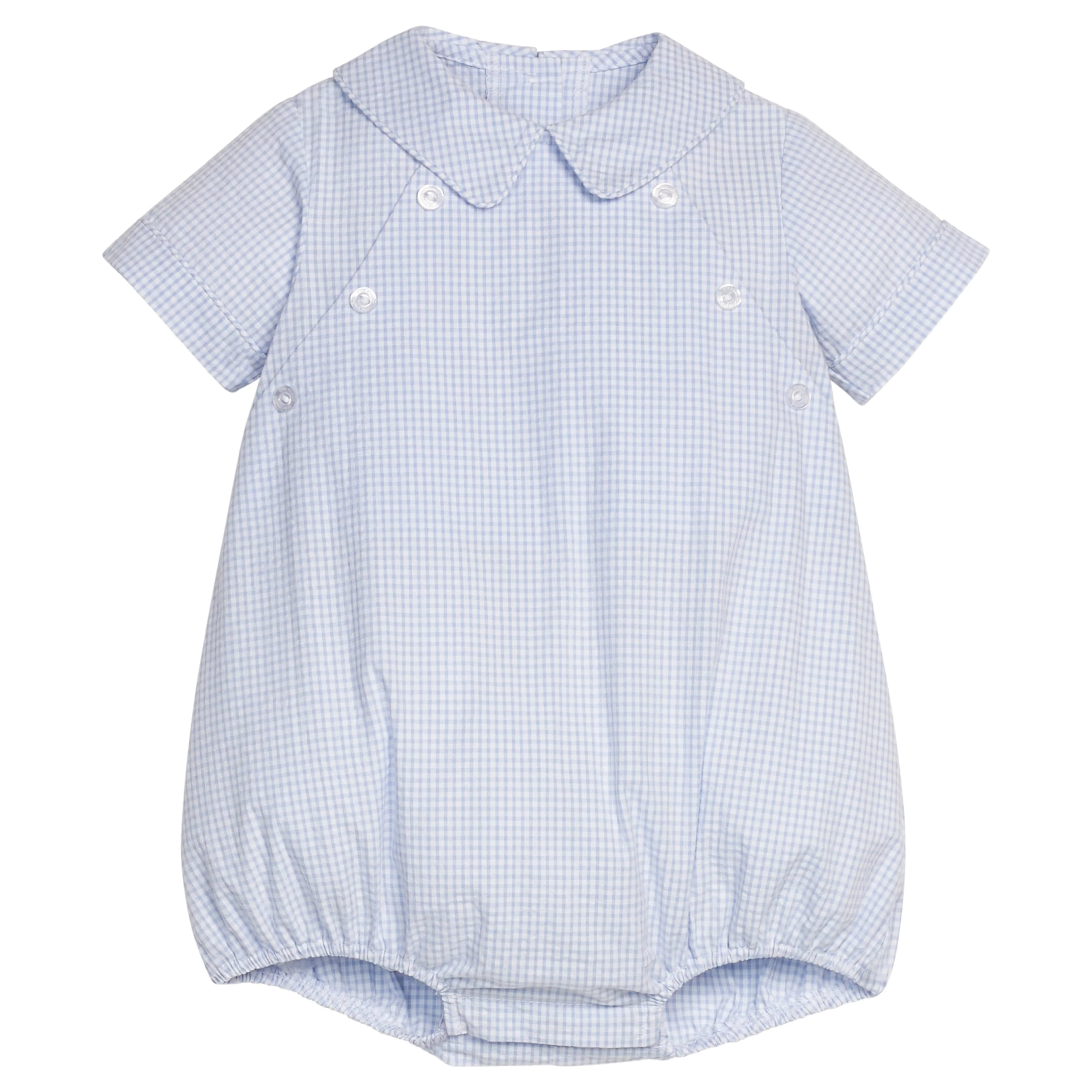 Light Blue Seersucker Gingham Walker Bubble for Baby Boy | Little English
