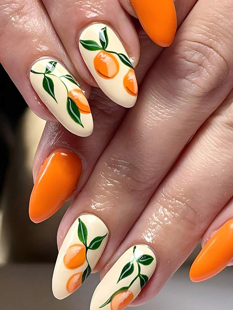 24pcs Fresh And Minimalist Style False Nail Stickers, Bright Orange Color, Nail Art, Nail Patch | SHEIN