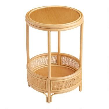 Saoirse Round Rattan Accent Table with Shelf | World Market