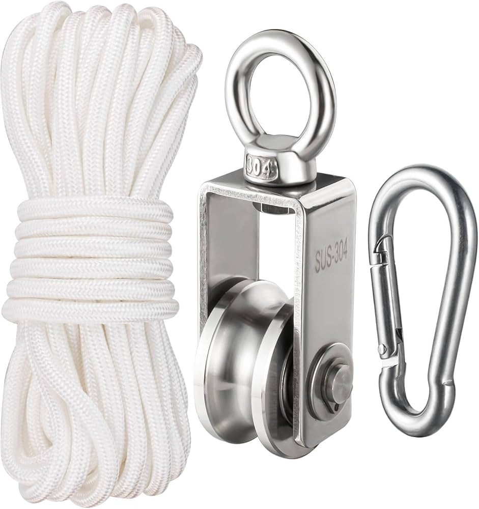 Cable Pulley Block Heavy Duty Stainless Steel, Bearing Inside with 32ft Nylon Rope and 1 Hook,Swi... | Amazon (US)