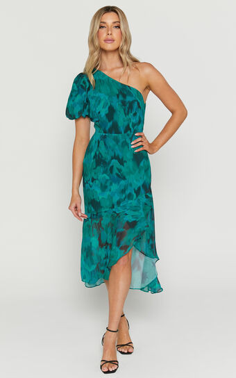 Clabelle Midi Dress - One Shoulder Ruffle Tulip Hem Dress in Emerald Blur Floral | Showpo (US, UK & Europe)