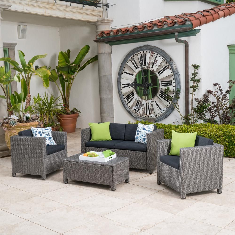 Puerta Grey 4-Piece Wicker Patio Conversation Set with Mixed Black Cushions | The Home Depot