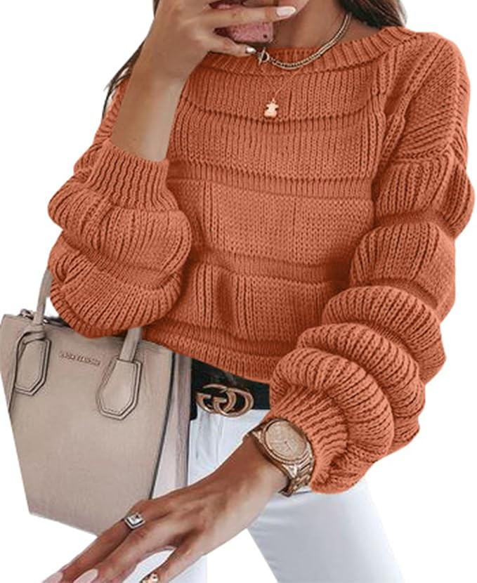 PRETTYGARDEN Women's 2023 Fall Sweaters Casual Crew Neck Pullover Long Puff Sleeve Loose Plain Ch... | Amazon (US)
