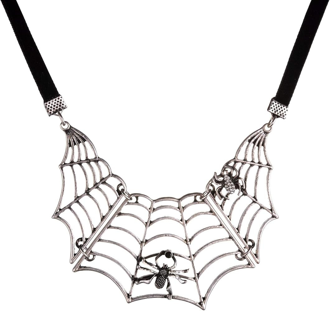 LUX ACCESSORIES Halloween Burnished Silver Tone Spider Web Statement Black Choker Necklace | Amazon (US)