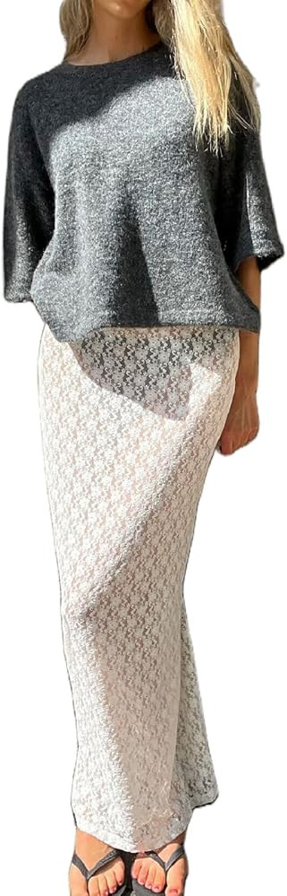 Women Lace Maxi Skirt Low Rise See Through Long Skirt Summer Vacation Beach Cover Up Skirt | Amazon (US)