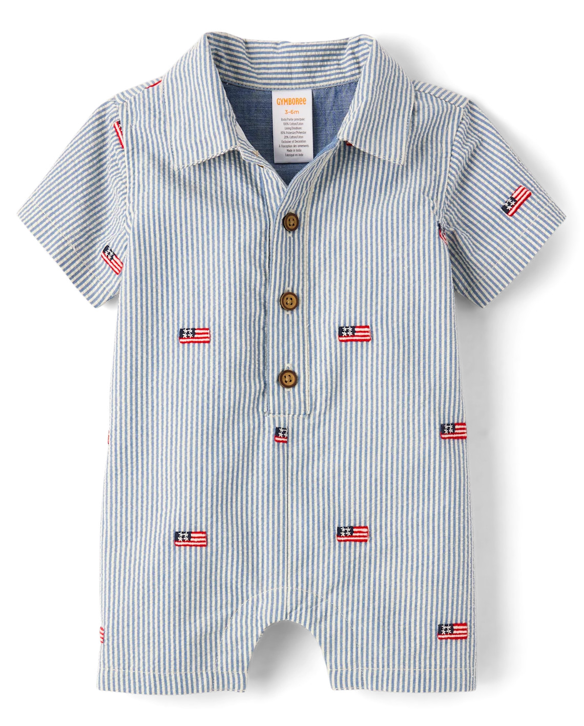 Baby Boys Short Sleeve Embroidered Flag Seersucker Romper - Nantucket Charm - BLUE | Gymboree | Gymboree