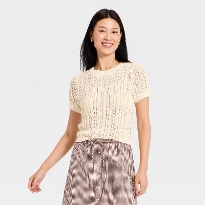 Women's Short Sleeve Crochet Sweater Top - A New Day™ Cream S | Target