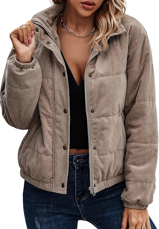 Angashion Women's Bomber Jacket Corduroy Ribbed Quilted Zip Up Long Sleeve Winter Coat Fall Outer... | Amazon (US)