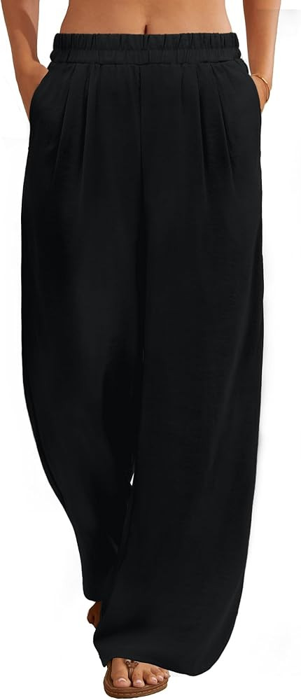 FireSwan Linen Pants Women Wide Leg Palazzo Pants Flowy Elastic Waist Summer Beach Casual Trouser... | Amazon (US)