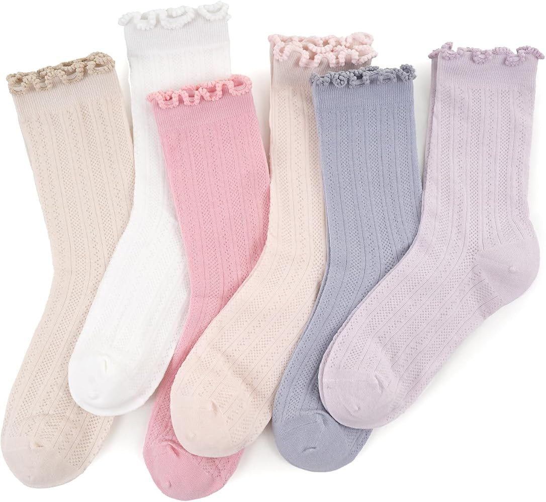 6 Pairs Ruffle Socks for Women，Frilly Socks Women，Solid Color Cute Ankle Lettuce Edge Soft Cr... | Amazon (US)