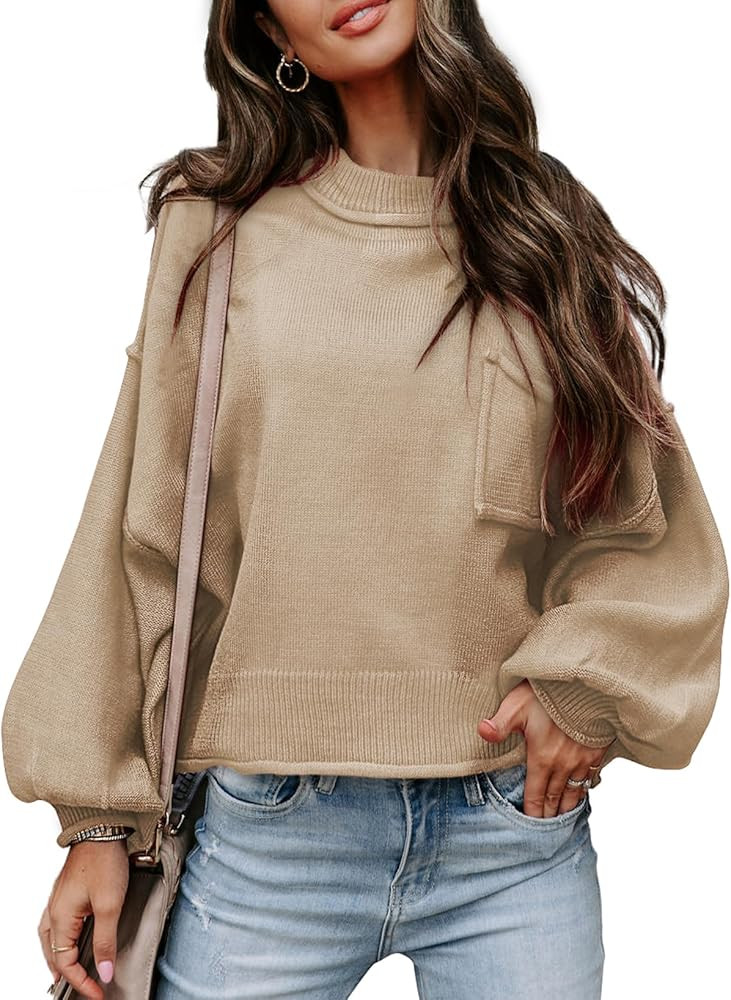 EVALESS Women's 2024 Lantern Long Sleeve Crewneck Sweater Casual Solid Color Ribbed Hem Knitwear ... | Amazon (US)