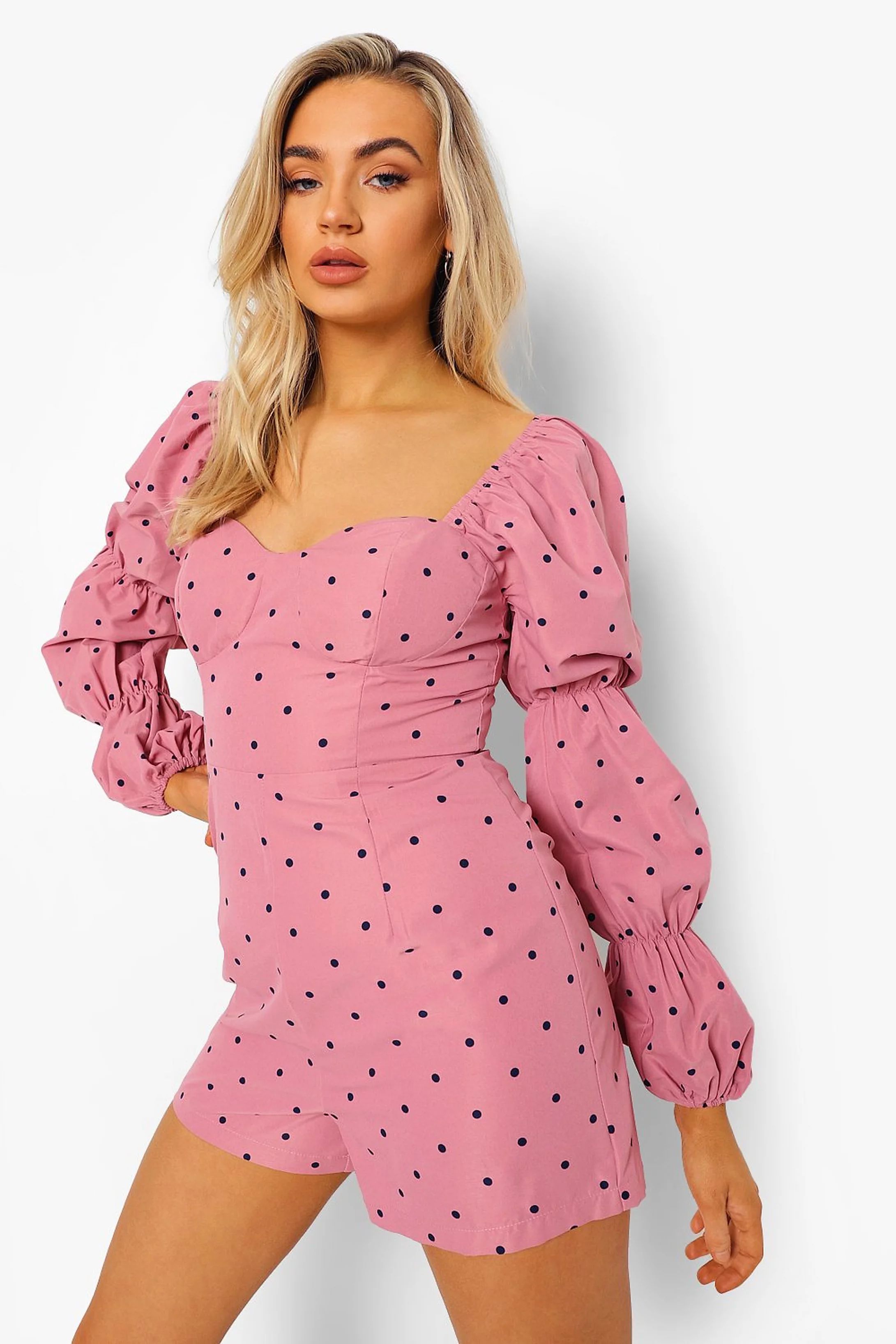 Polka Dot Puff Sleeve Playsuit | Boohoo.com (US & CA)