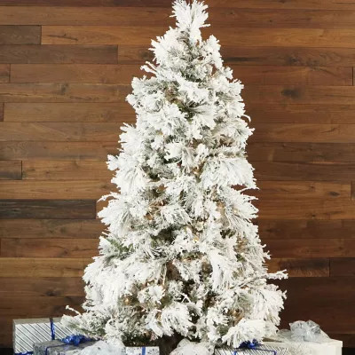 Fraser Hill Farm 10 ft. Pre-Lit Snowy Pine Flocked Artificial Christmas Tree, Warm White LED Lights | Tractor Supply