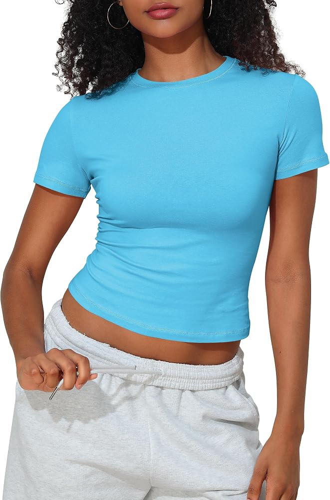 PrettyGuide Women's Cotton Crop Tops Short Sleeve Crewneck Basic Tee Tight Fit Y2K Baby Tee Cute ... | Amazon (US)