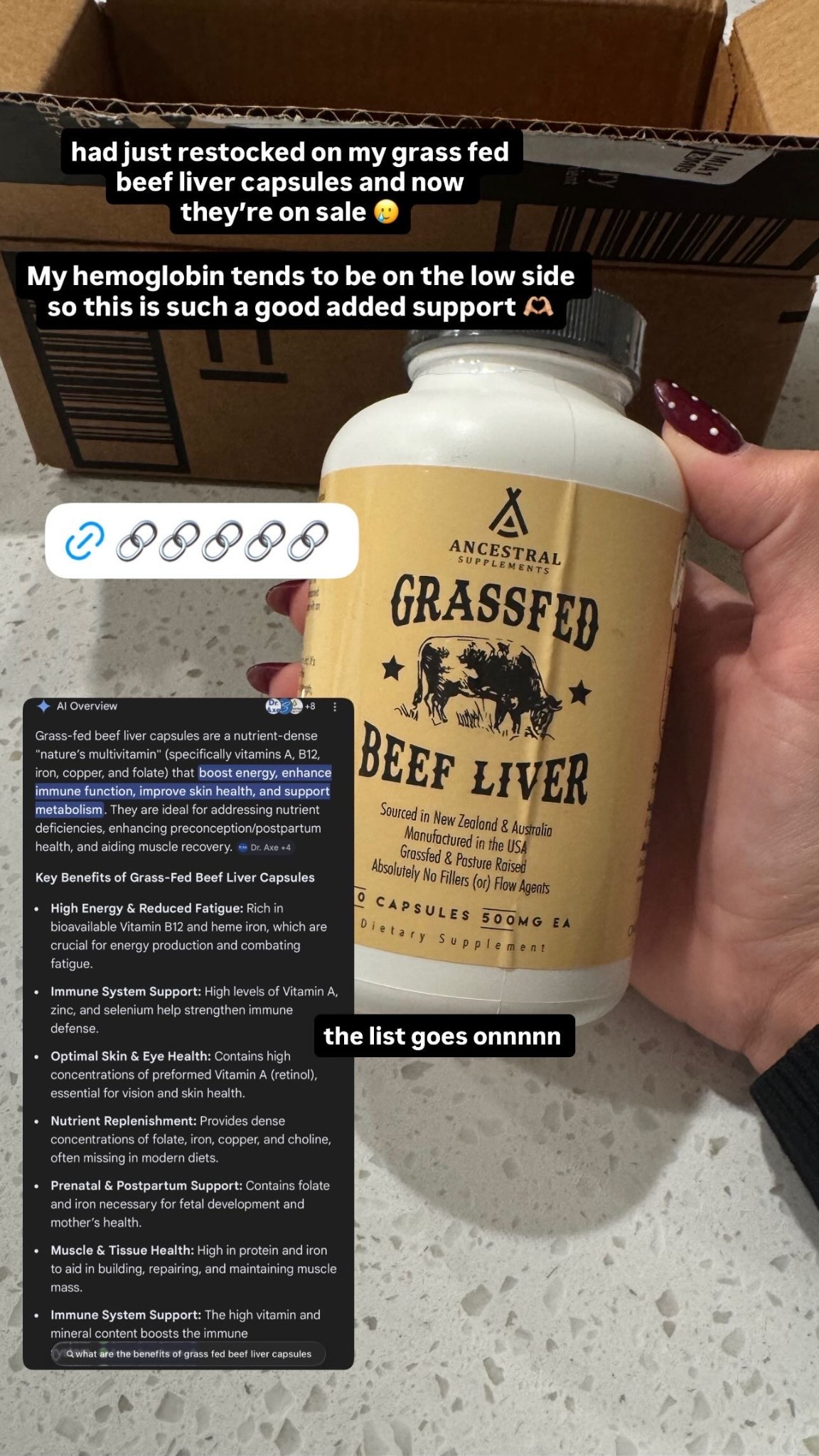 I had just restocked on my grass fed beef liver capsules and now they're on sale!!!
My hemoglobin tends to be on the low side so this is such a good added support. The benefits of grass fed beef liver are AMAZINGGGG! The list goes on and on!!



wellness | nutrition | health | ancestral supplements 

#LTKSeasonal